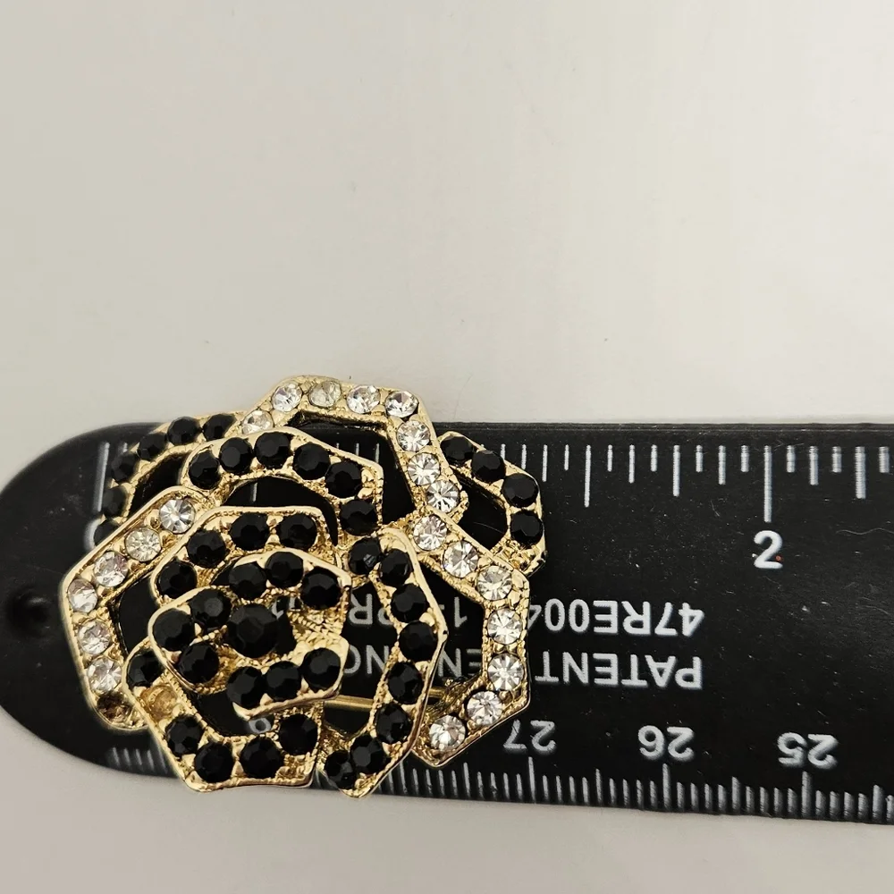 Flower Brooch Pin Rose Black Clear Rhinestones Crystals Open Work Multilayer